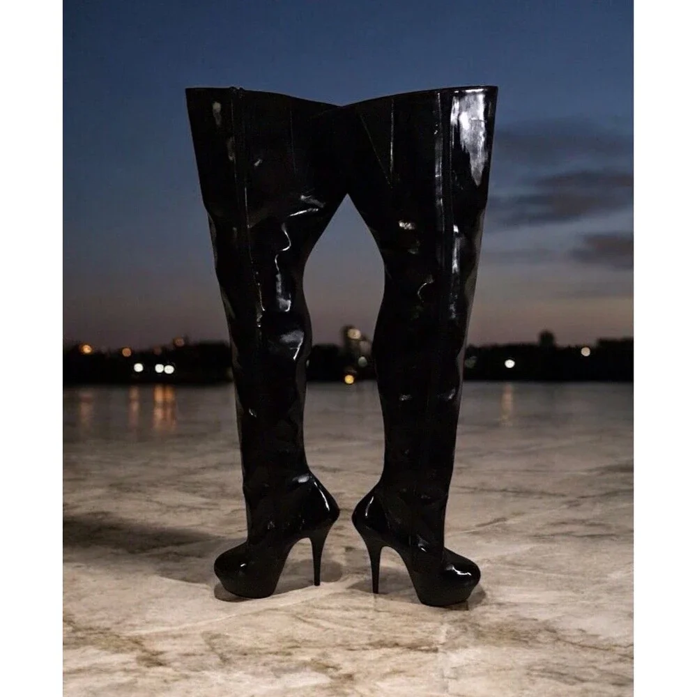 Thigh High Patent Leather Platform Boot, Shinny, 5 In Heel, Almond Toe, Read